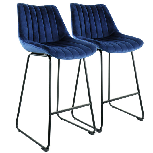 ELAMA Elama 2 Piece Velvet Stripe Stitch Bar Chair in Royal Blue with Metal Legs