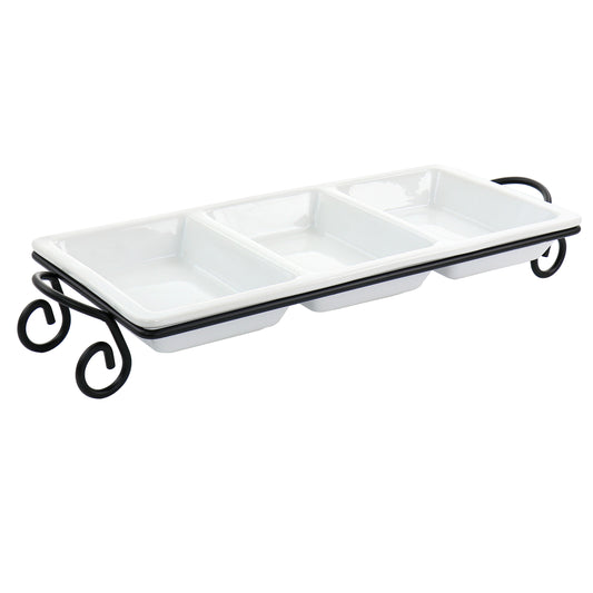 ELAMA Elama 3 Section Divided Porcelain Serving Tray with Metal Rack