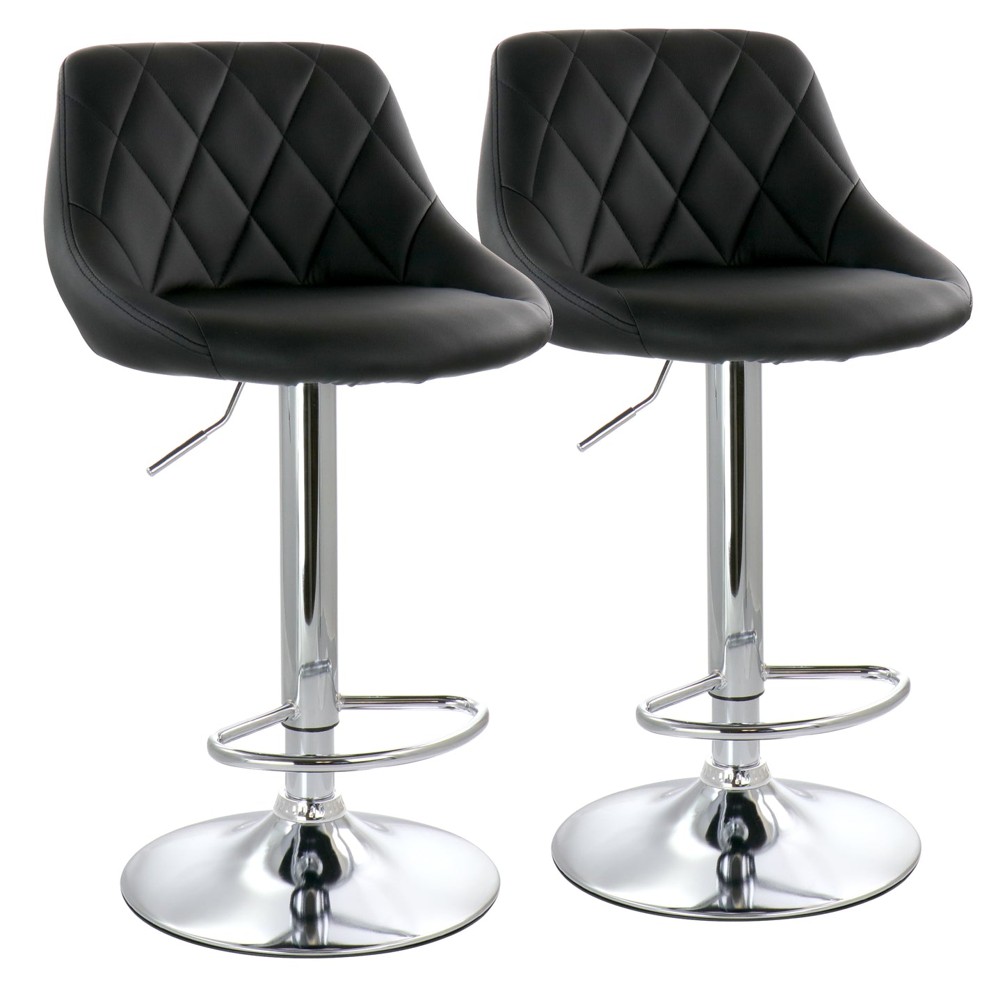 ELAMA Elama 2 Piece Diamond Stitched Faux Leather Bar Stool in Black with Chrome Base and Adjustable Height