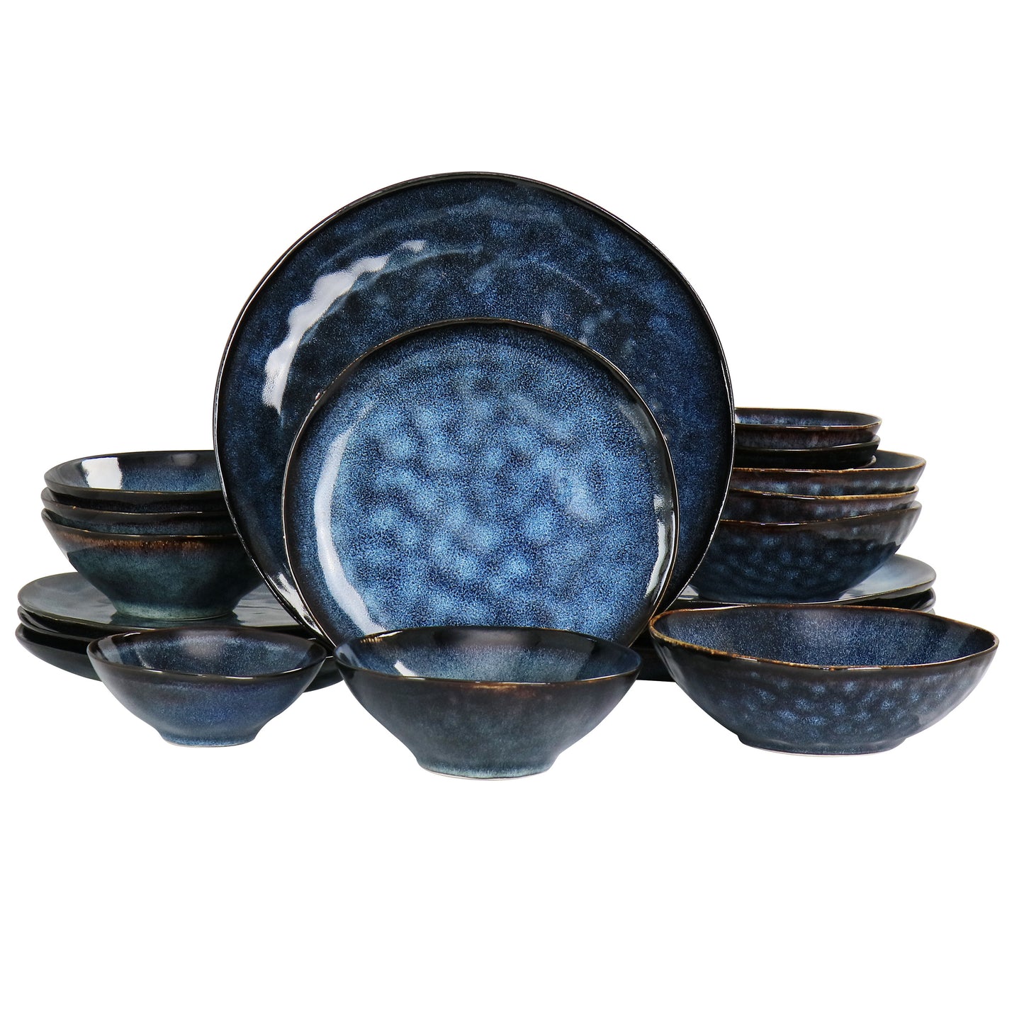 Elama Elama Lucca 20 Piece Round Stoneware Triple Bowl Dinnerware Set in Reactive Glaze Blue