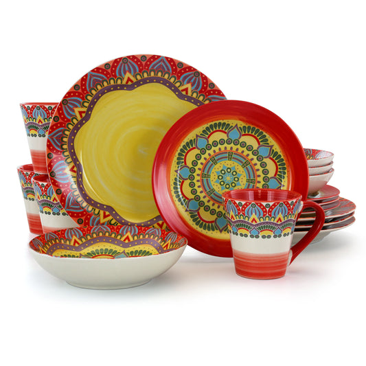 ELAMA Elama Zen Red Mozaik 16 Piece Luxurious Stoneware Dinnerware with Complete Setting for 4, 16pc