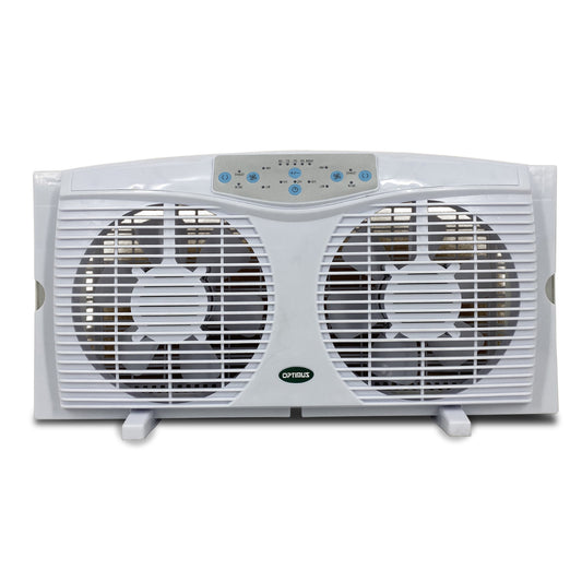 OPTIMUS Optimus 8 in. Electric Reversible Twin Window Fan with Thermostat &amp; LED