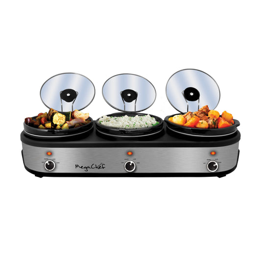 Megachef MegaChef Triple 2.5 Quart Slow Cooker and Buffet Server in Brushed Silver and Black Finish with 3 Ceramic Cooking Pots and Removable Lid Rests
