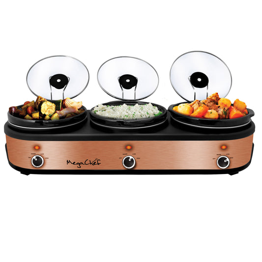 MegaChef MegaChef Triple 2.5 Quart Slow Cooker and Buffet Server in Brushed Copper and Black Finish with 3 Ceramic Cooking Pots and Removable Lid Rests