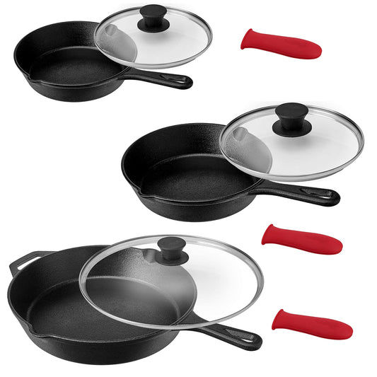 MegaChef MegaChef Pre-Seasoned 9 Piece Cast Iron Skillet Set with Lids and Red Silicone Holder