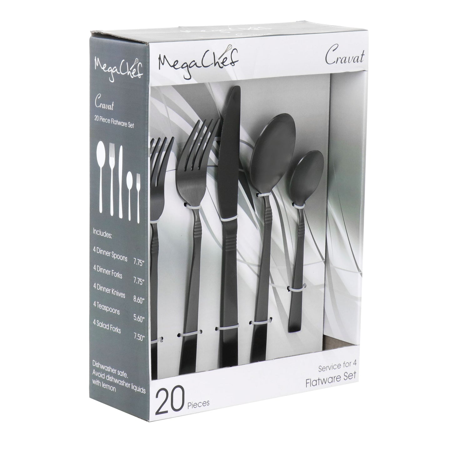 Megachef MegaChef Cravat 20 Piece Flatware Utensil Set, Stainless Steel Silverware Metal Service for 4 in Matte Black