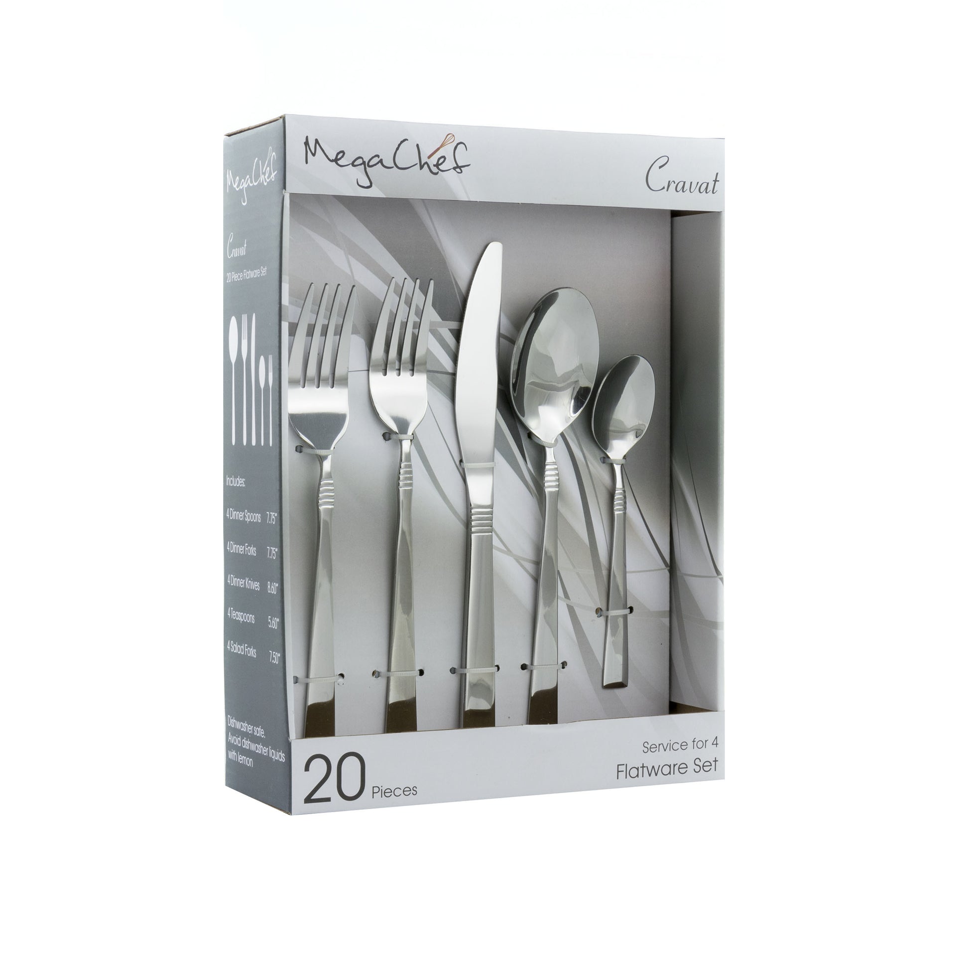 MegaChef MegaChef Cravat 20 Piece Flatware Utensil Set, Stainless Steel Silverware Metal Service for 4 in Silver