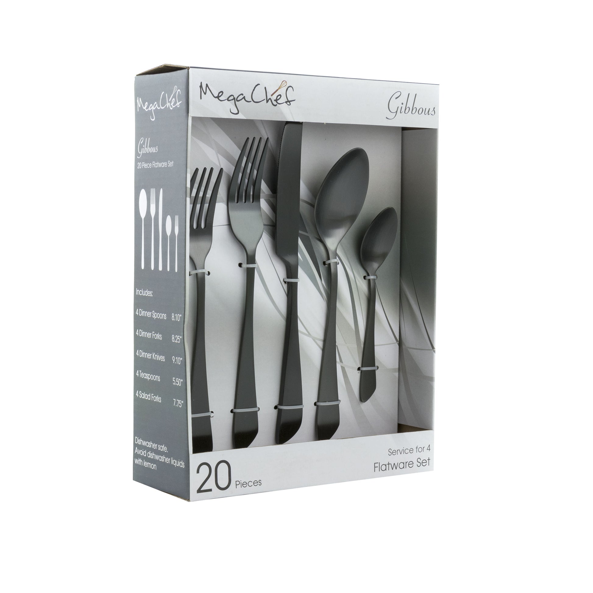 MegaChef MegaChef Gibbous 20 Piece Flatware Utensil Set, Stainless Steel Silverware Metal Service for 4 in Black