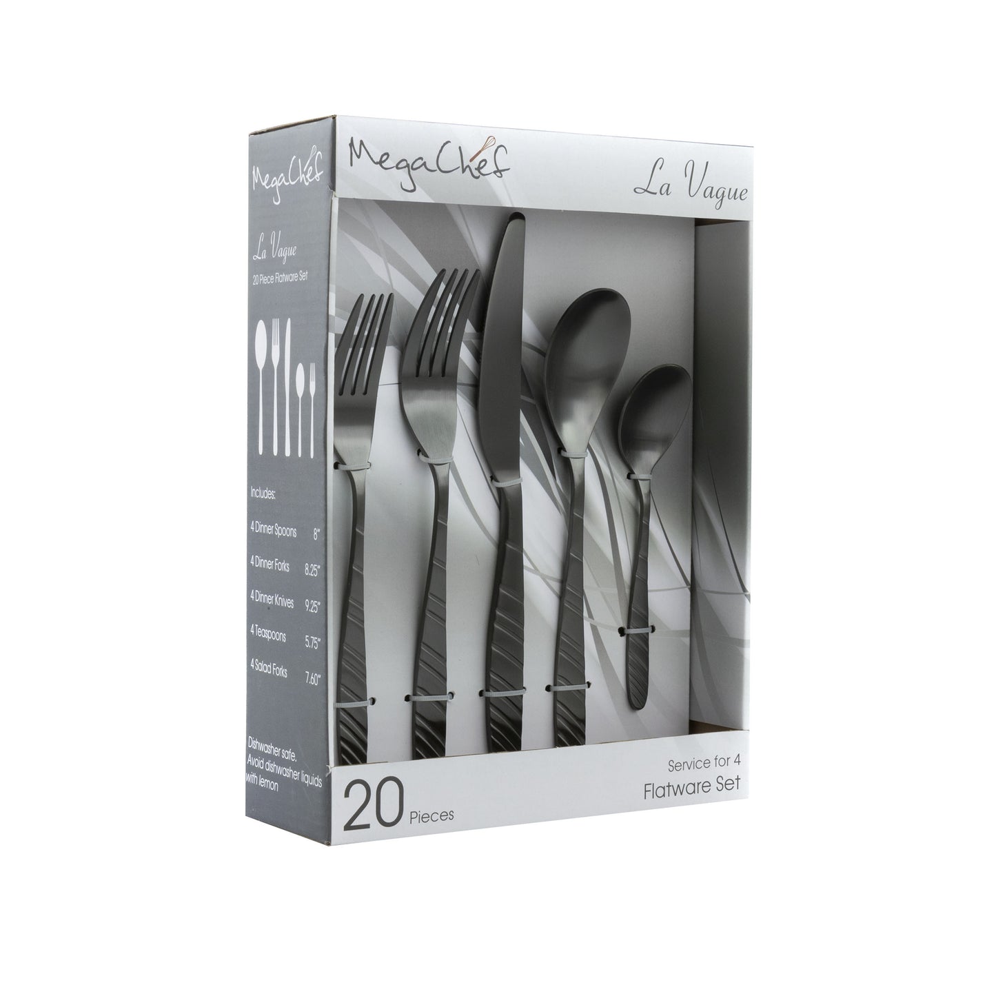 MegaChef MegaChef La Vague 20 Piece Flatware Utensil Set, Stainless Steel Silverware Metal Service for 4 in Matte Black