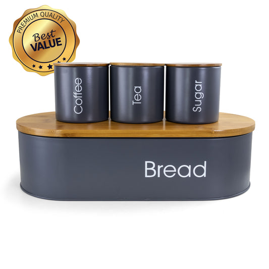 MegaChef MegaChef Bamboo Kitchen Countertop 4 Piece Metal Bread Basket and Canister Set in Gray with Lids
