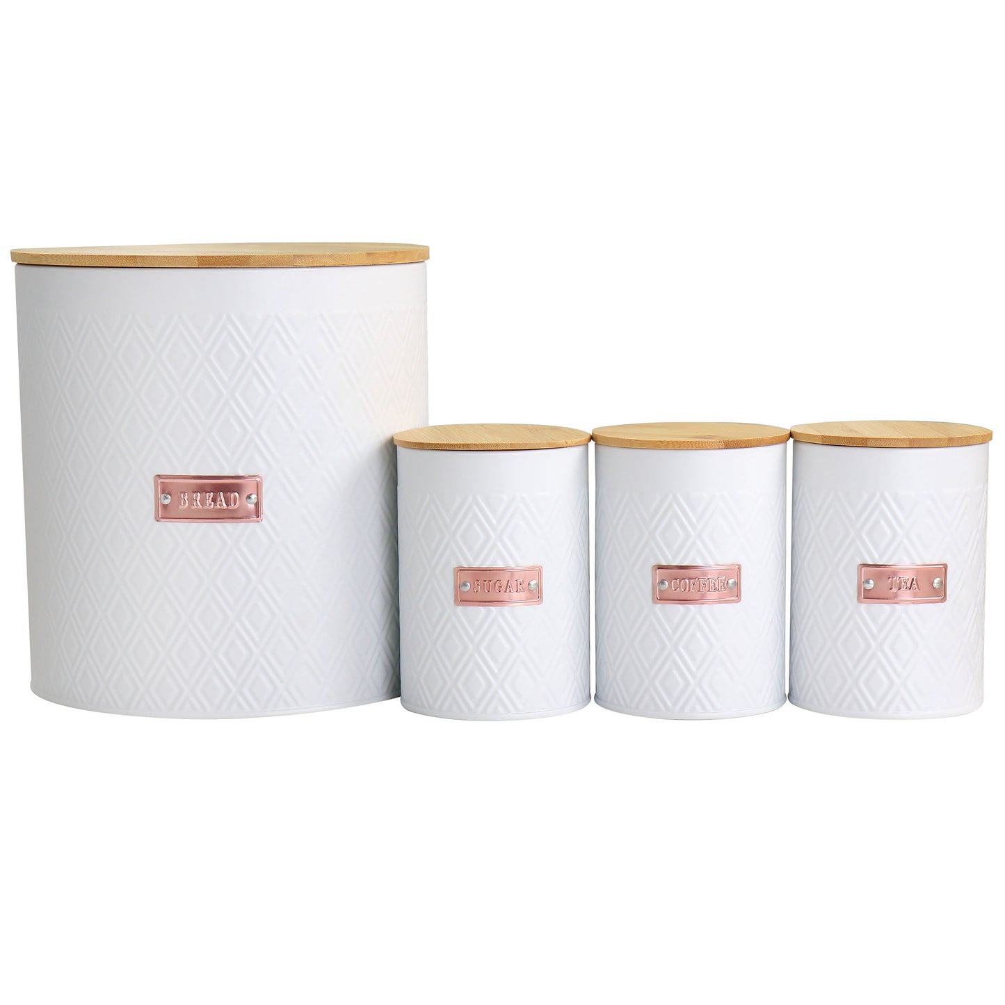 MegaChef MegaChef Kitchen Food Storage and Organization 4 Piece Argyle Canister Set in White with Bamboo Lids