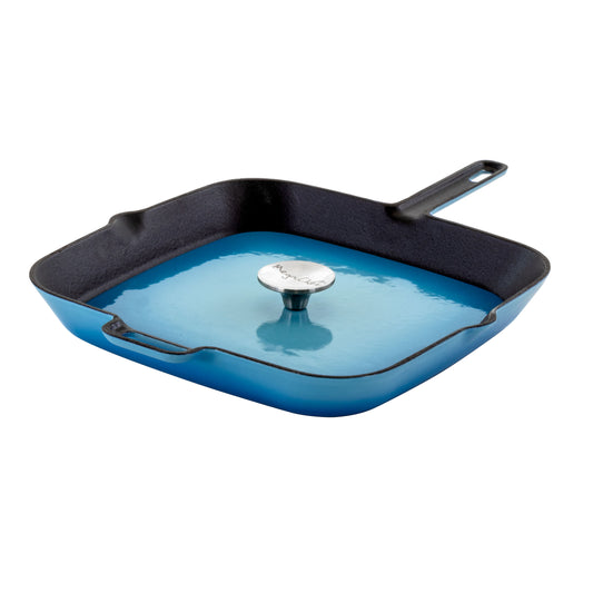MegaChef MegaChef 11 Inch Square Enamel Cast Iron Grill Pan with Matching Grill Press in Blue with Press