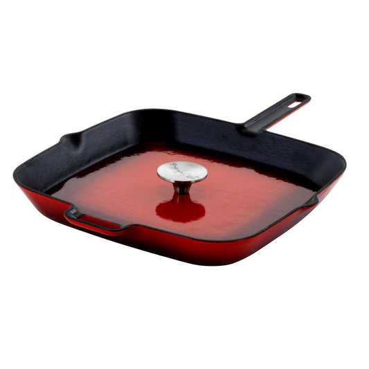 MegaChef MegaChef 11 Inch Square Enamel Cast Iron Grill Pan with Matching Grill Press in Red with Press
