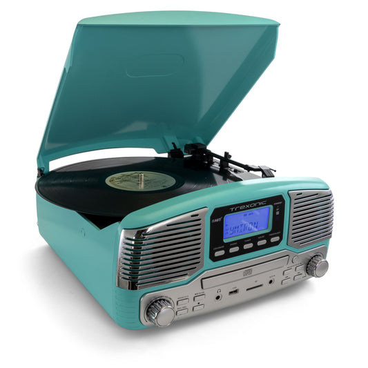 Trexonic Refurbshied Trexonic Retro Wireless Bluetooth, Record and CD Player in Turquoise