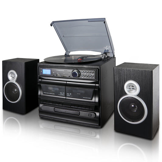 Trexonic Trexonic 3-Speed Vinyl Turntable Home Stereo System with CD Player, Dual Cassette Player, Bluetooth, FM Radio &amp; USB/SD Recording and Wired Shelf Speakers