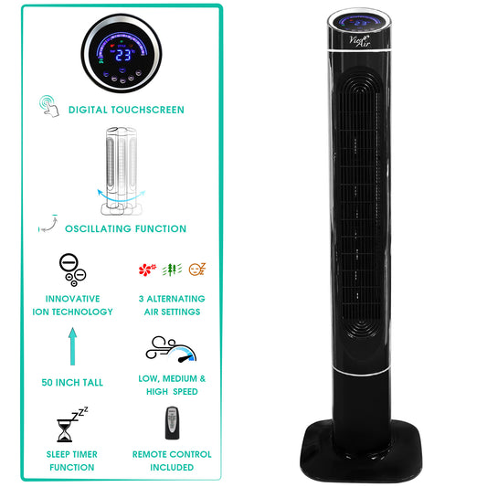 Vie Air Vie Air 50 Inch Luxury Digital 3 Speed High Velocity Tower Fan with Fresh Air Ionizer and Remote Control in Black