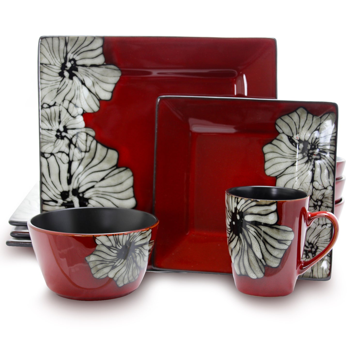 ELAMA Elama Winter Bloom 16 Piece Square Stoneware Dinnerware Set